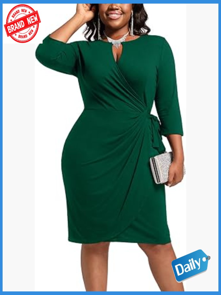 Plus Size Faux Wrap Bodycon Midi Dress Keyhole 3/4 Sleeve Sexy Curve Hugging
